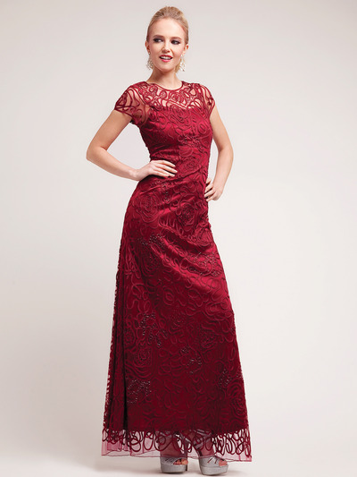 C1920 Lace Embroidery Evening Dress - Burgundy, Front View Medium