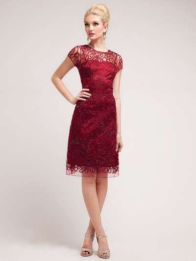 C1921 Lace Overlay Sheath Cocktail Dress - Burgundy, Front View Medium