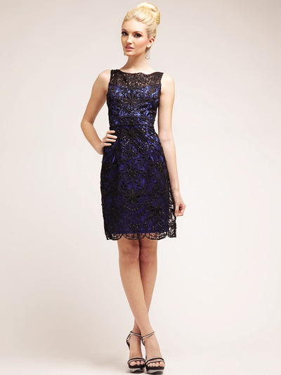 C1929 Vintage Inspired Lace Over Satin Sheath Dress - Royal, Front View Medium