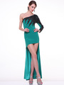 C2368 One Shoulder Embroidery High Low Evening Dress - Green, Front View Thumbnail
