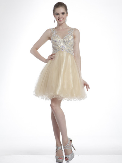 C27 Embellished Tulle Fit & Flare Homecoming Dress - Champagne, Front View Medium