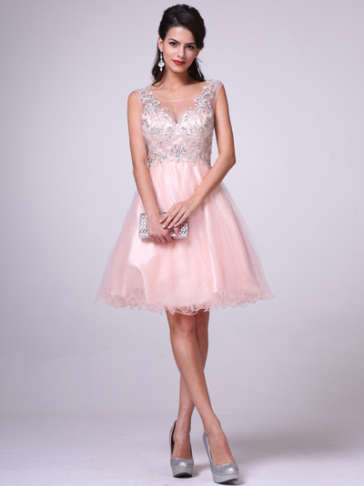 C27 Embellished Tulle Fit & Flare Homecoming Dress - Peach, Front View Medium