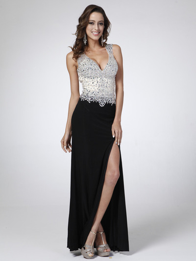 C28 Sleeveless V-Neck Evening Dress with Slit - Black, Front View Medium