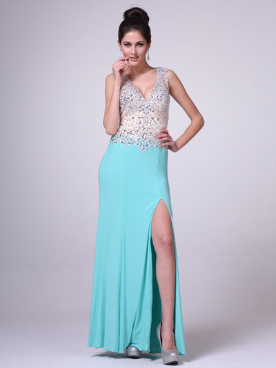 C28 Sleeveless V-Neck Evening Dress with Slit - Mint, Front View Medium