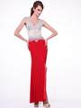 C28 Sleeveless V-Neck Evening Dress with Slit - Red, Front View Thumbnail