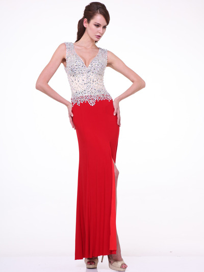 C28 Sleeveless V-Neck Evening Dress with Slit - Red, Front View Medium