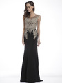 C35 Cap Sleeves Embellished Long Evening Dress - Black, Front View Thumbnail