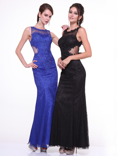 C390L Sleeveless Lace Overlay Evening Dress  - Royal, Front View Medium