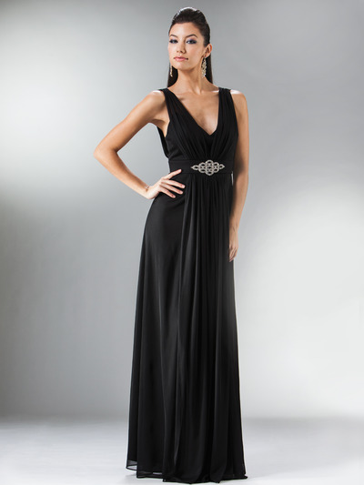 C3914 Empire Waist Mesh Overlay Top Evening Dress - Black, Front View Medium