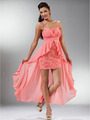 C3916 Floral Cocktail Dress with Chiffon High-low Train - Coral, Front View Thumbnail