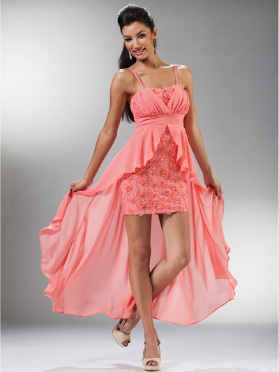 C3916 Floral Cocktail Dress with Chiffon High-low Train - Coral, Front View Medium