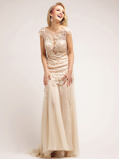 C5309 Champagne Vintage Lace Evening Dress - Champagne, Front View Medium