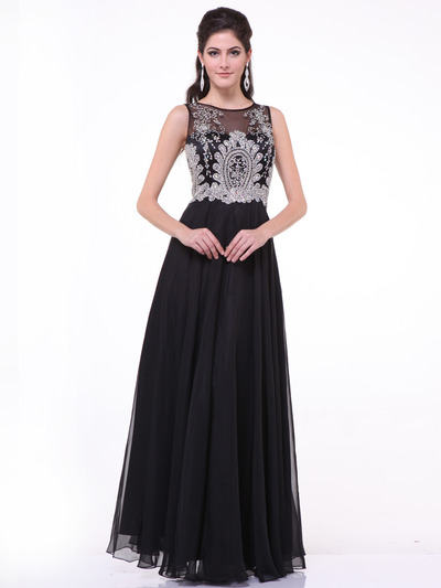 C56 Illusion Bodice Evening Dress - Black, Front View Medium