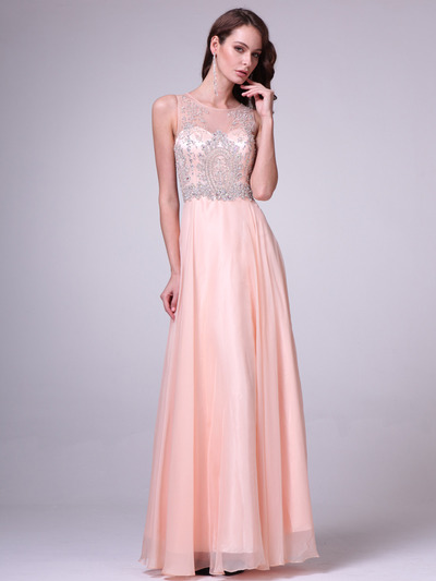 C56 Illusion Bodice Evening Dress - Peach, Front View Medium