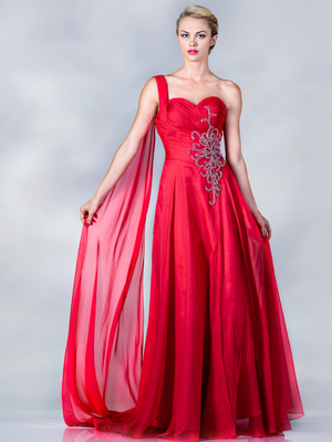 C7571 One Shoulder Sash Prom Dress, Watermelon