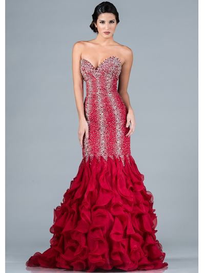 C7578 Beaded and Jeweled Mermaid Prom Dress - Red, Front View Medium