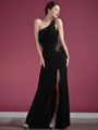C7642 One Shoulder Black Asymmetrical Prom Dress - Black, Front View Thumbnail