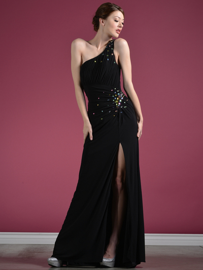 C7642 One Shoulder Black Asymmetrical Prom Dress - Black, Front View Medium