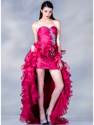 C7649 Jeweled Fuschia High-Low Prom Dress, Fuschia