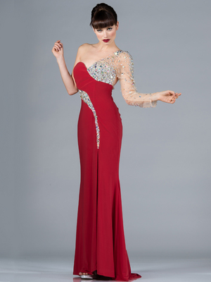 C7654 One Sleeve Fitted Evening Dress, Tangerine