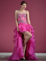C7659 Sheer Floral Corset High Low Prom Dress - Fuschia, Front View Thumbnail