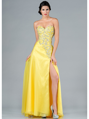 C7666 Beaded Bodice Prom Dress, Yellow