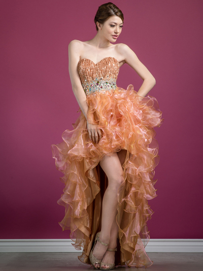 C7679 Layered High Low Prom Dress - Gold, Front View Medium