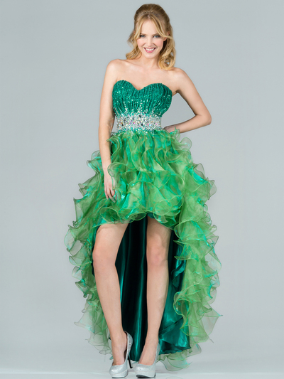 C7679 Layered High Low Prom Dress - Green, Front View Medium