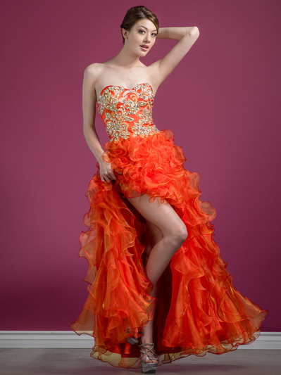 C7680 Jeweled Embroider High Low Prom Dress - Orange, Front View Medium