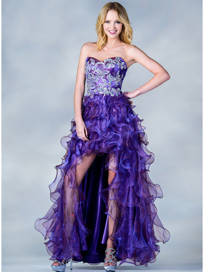 C7680 Jeweled Embroider High Low Prom Dress - Purple, Front View Medium