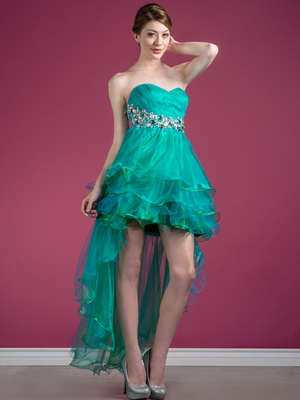 C7686 Jeweled Shimmer High Low Prom Dress, Turquoise