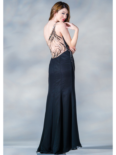 C7697 One Shoulder Sequin Design Evening Dress - Black, Back View Medium