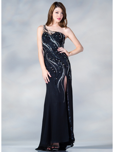 C7697 One Shoulder Sequin Design Evening Dress - Black, Front View Medium