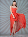 C7751 V-Neckline High Low Dress - Coral, Front View Thumbnail