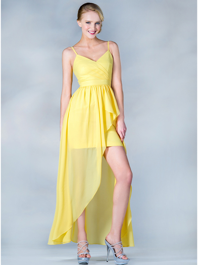 C7751 V-Neckline High Low Dress - Yellow, Front View Medium