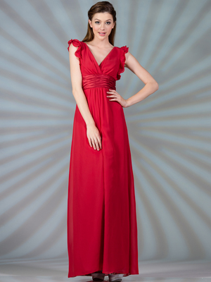C7782L Satin Empire-Waist Evening Dress, Red
