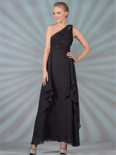 C7799 One Shoulder Chiffon Evening Dress - Black, Front View Medium