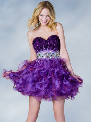 C784 Gems and Ruffles Prom Dress, Purple
