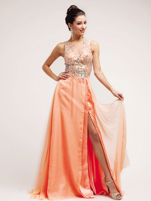 C7922 Peach Sequin V-Neck Prom Dress, Peach