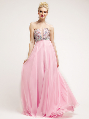 C7925 Baby Pink Beaded Deep V-Neckline Empire Waist Prom Dress, Baby Pink