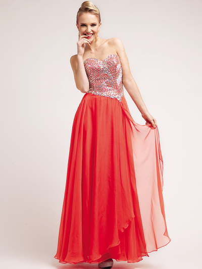 C7928 Coral Rectangular Round Jewels Sweetheart Prom Dress - Coral, Front View Medium