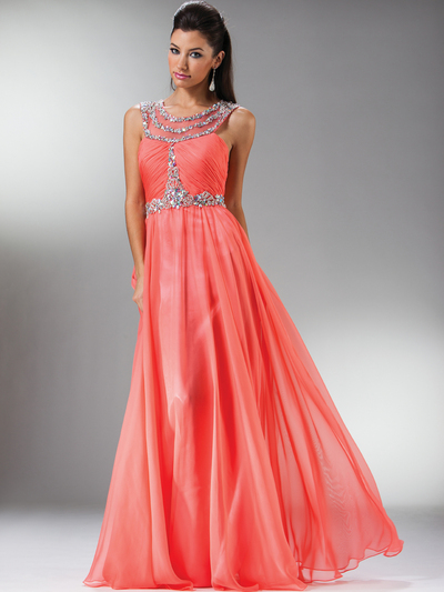 C7935 Jewel Lined Ruche Sheer Bodice Evening Dress - Coral, Front View Medium