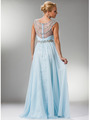 C7935 Jewel Lined Ruche Sheer Bodice Evening Dress - Light Blue, Back View Thumbnail