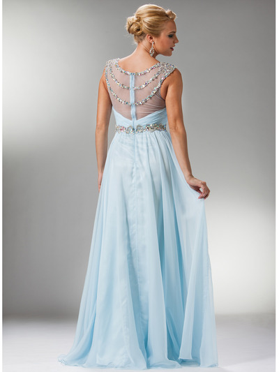 C7935 Jewel Lined Ruche Sheer Bodice Evening Dress - Light Blue, Back View Medium