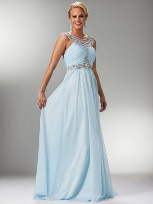 C7935 Jewel Lined Ruche Sheer Bodice Evening Dress, Light Blue