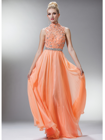 C7952 High Neck Prom Dress - Peach, Front View Medium