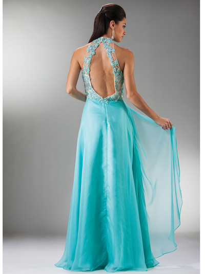 C7958 Illusion Halter Prom Dress - Aqua Nude, Back View Medium