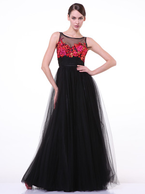 C7969 Embrodiery Floral Bodice Prom Dress, Black