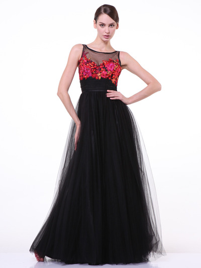 C7969 Embrodiery Floral Bodice Prom Dress - Black, Front View Medium