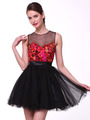 C7970 Embrodiery Floral Bodice Short Prom Dress - Black, Front View Thumbnail